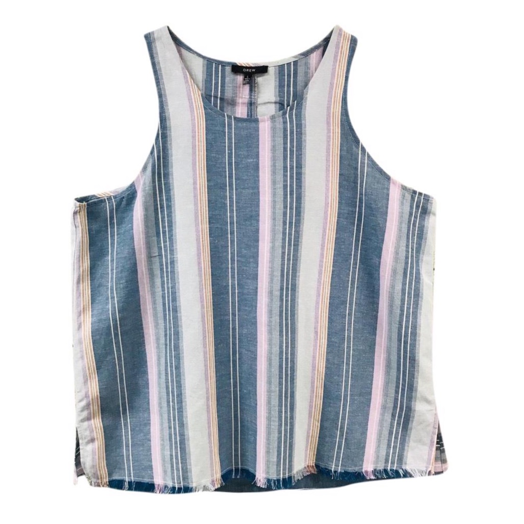 Anthropologie Drew Chambray Lilac Stripe Tank Top Fringe Hem Linen Blend